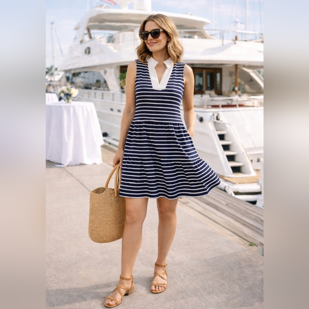 Eliza J Nautical Striped Midi Dress Navy White Preppy Coastal Chic‎ Large